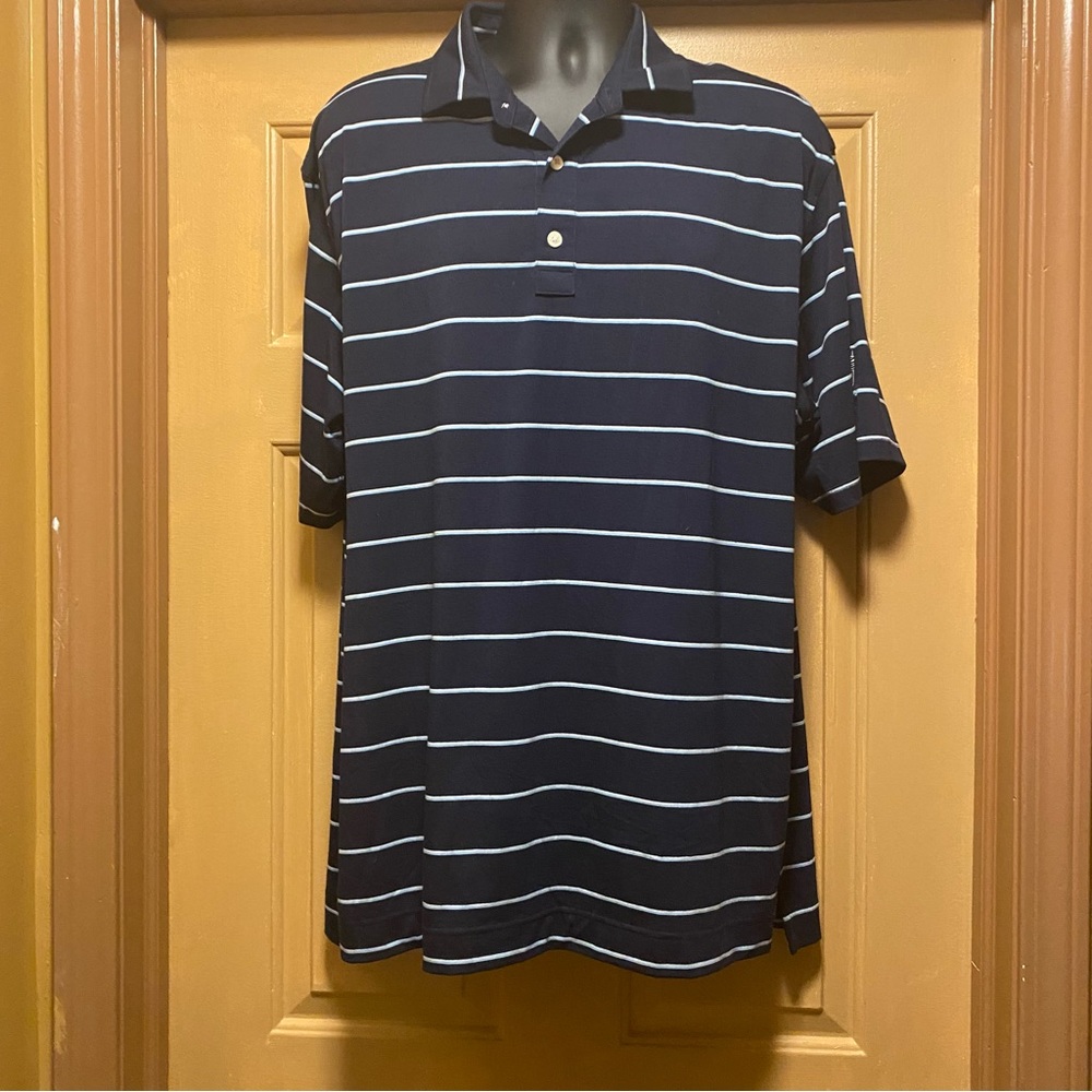 Mens Footjoy FJ blue/white striped golf polo West Shore on sleeve sz XL